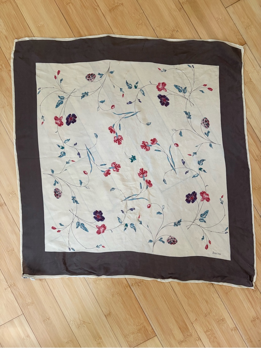 Vintage Sacha Silk Floral Printed Square Scarf - Ivory and Brown